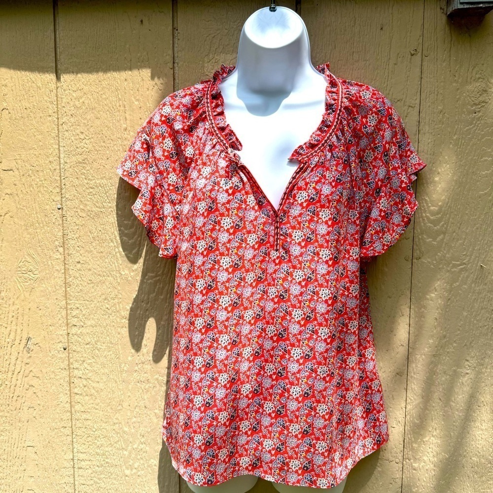 Pre-owned Max Studio Red Floral V-neck Blouson Ruffle Sleeve Summer Top Small